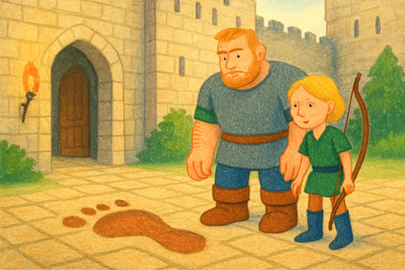 Игорь и Лена заметили странный след возле замка утром.