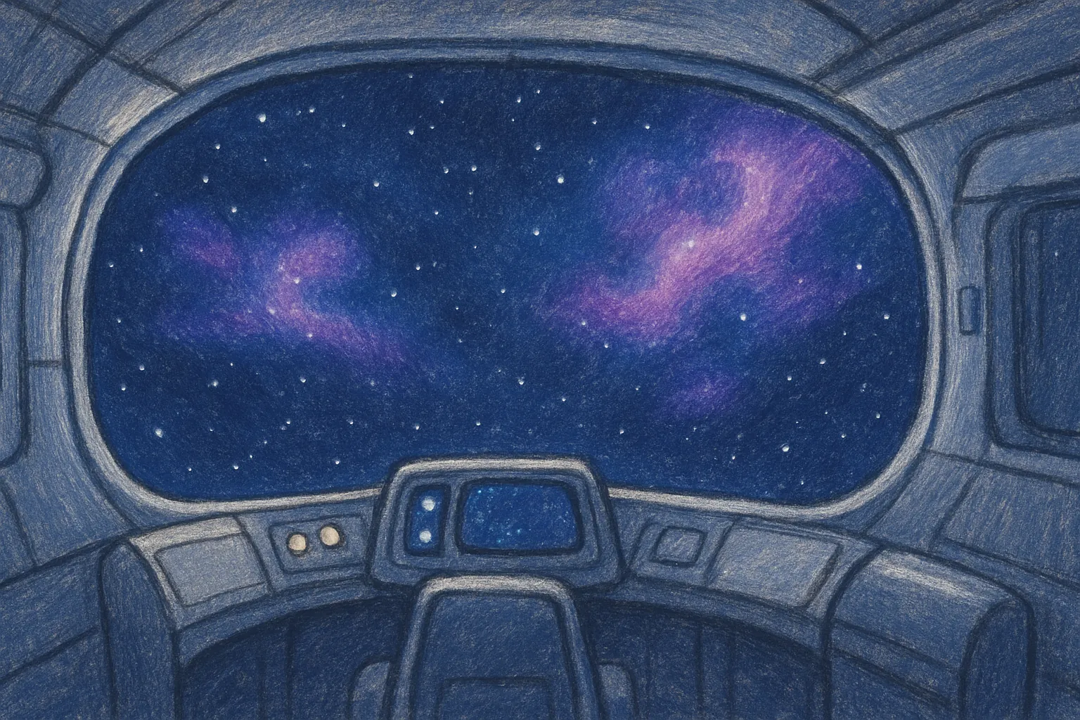Background painting of Four friendly robots journey through colourful, glowing deep space together.