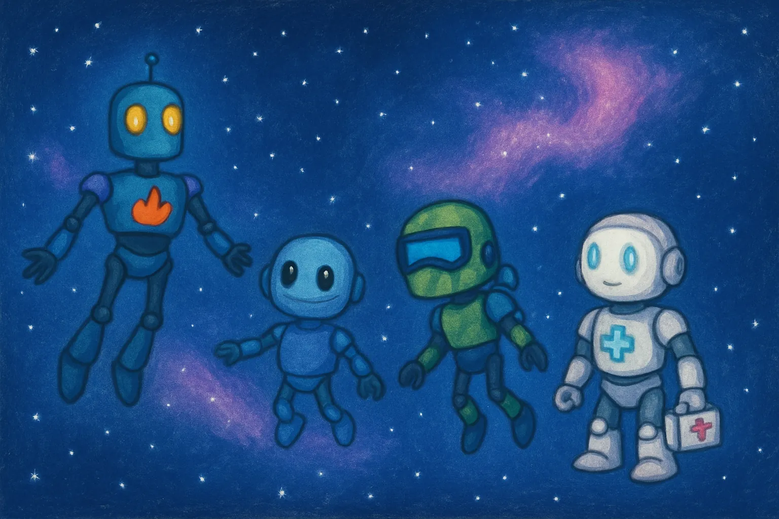 The four robot friends travel through colourful deep space together.