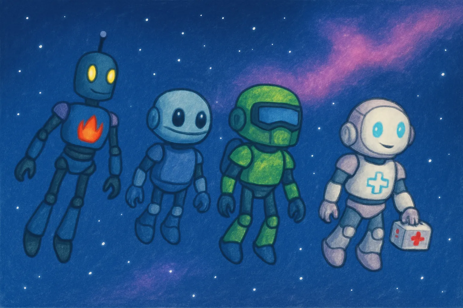All the robots move safely home together, happy to be friends.