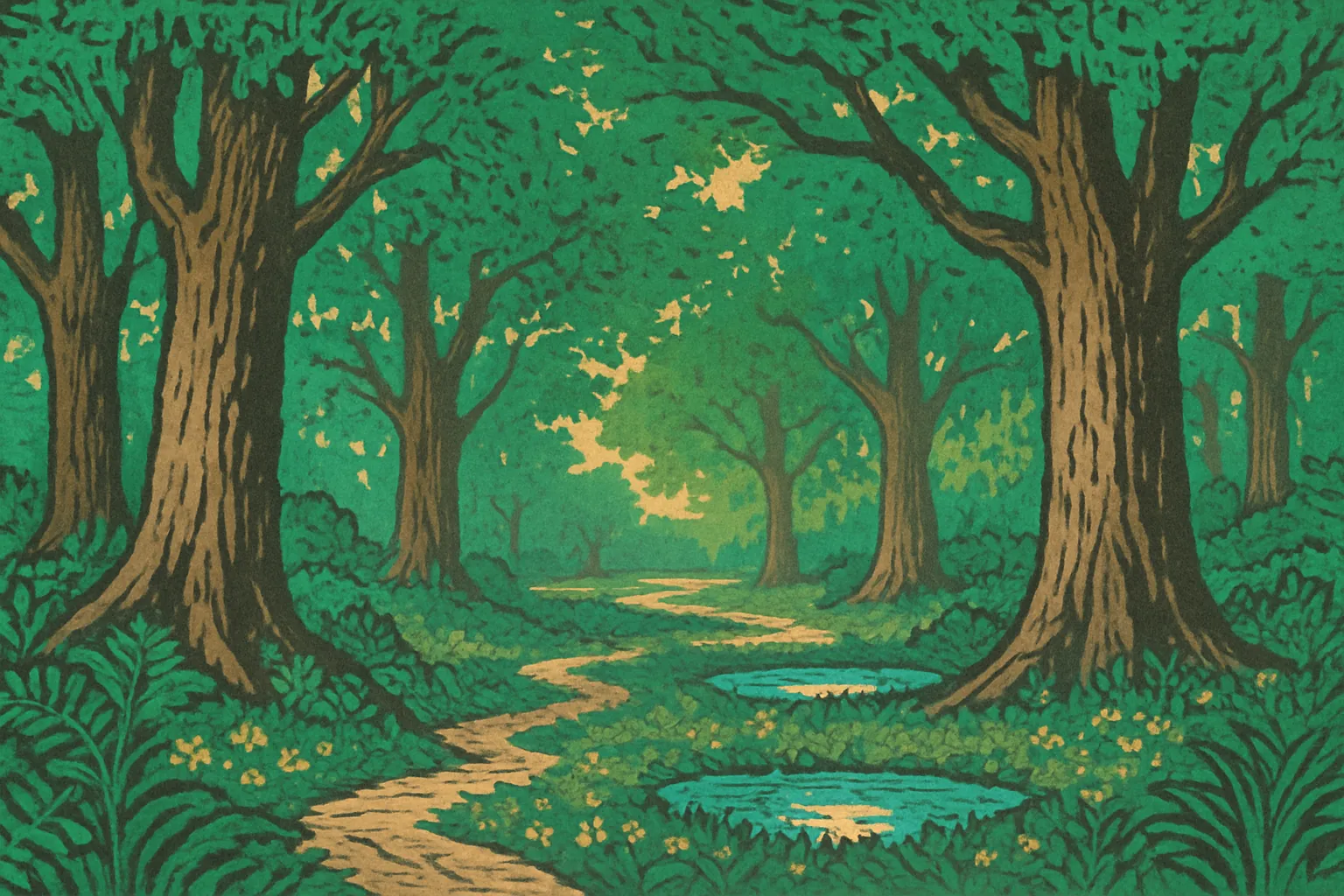 Background painting of A vibrant forest where four animals unite to solve challenges together.