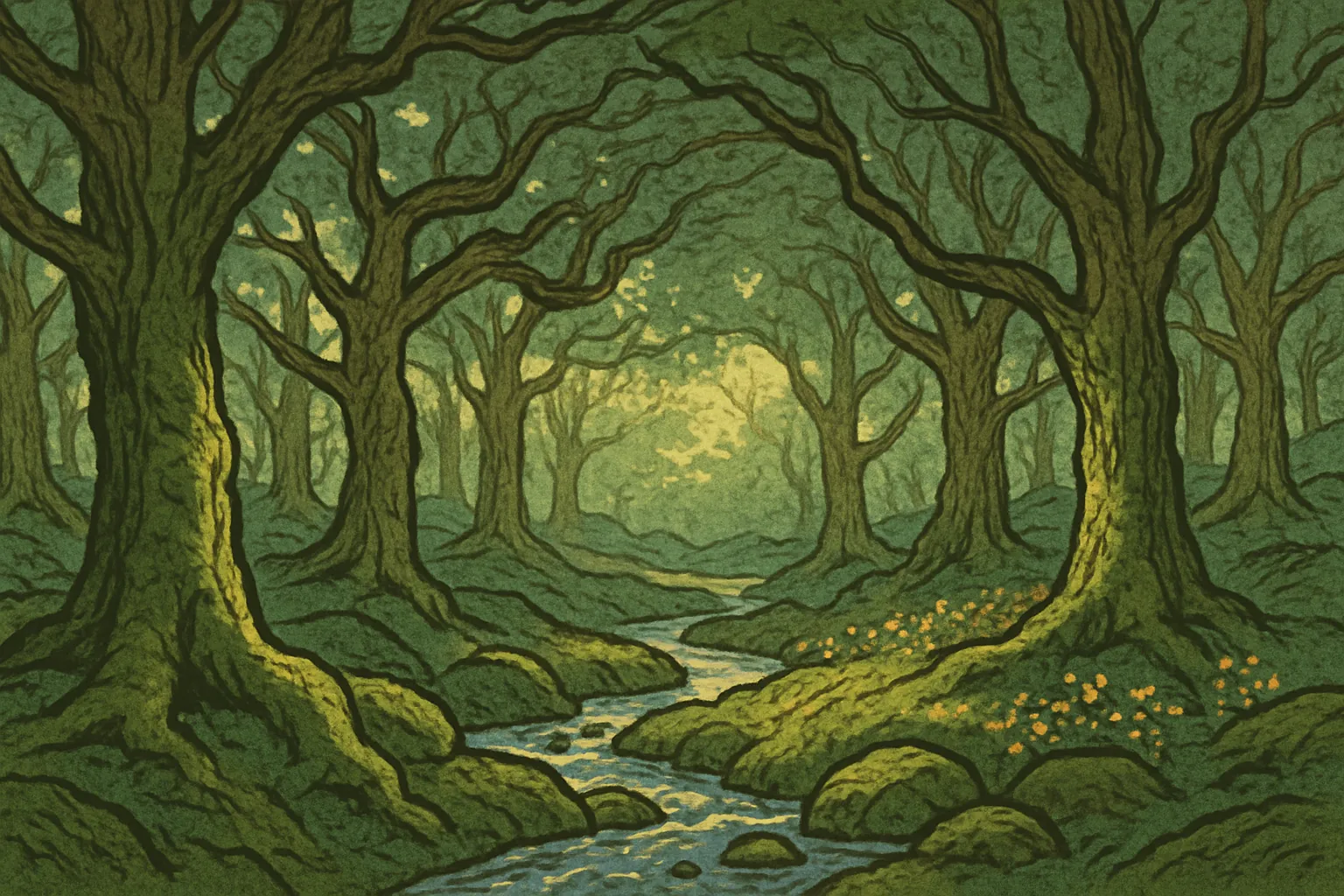 Background painting of An ancient, magical forest where four animal friends share stories.