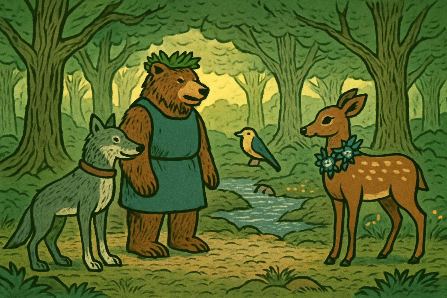 The four friends meet in the magical forest and greet each other.