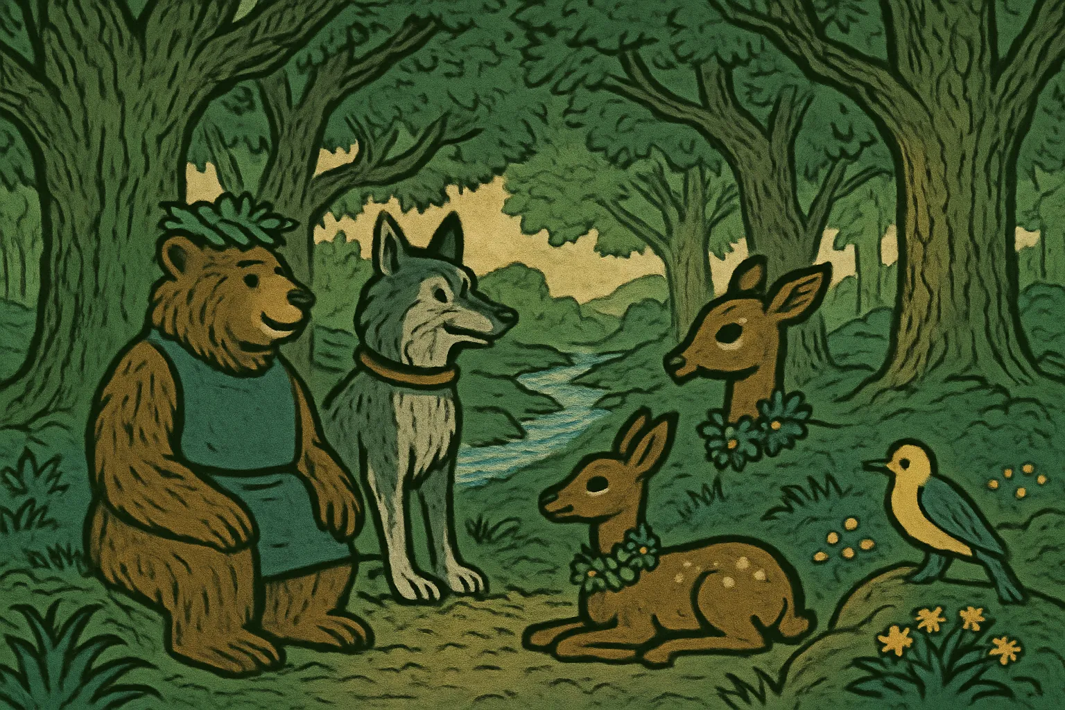 The friends sit again and share stories happily in their place.