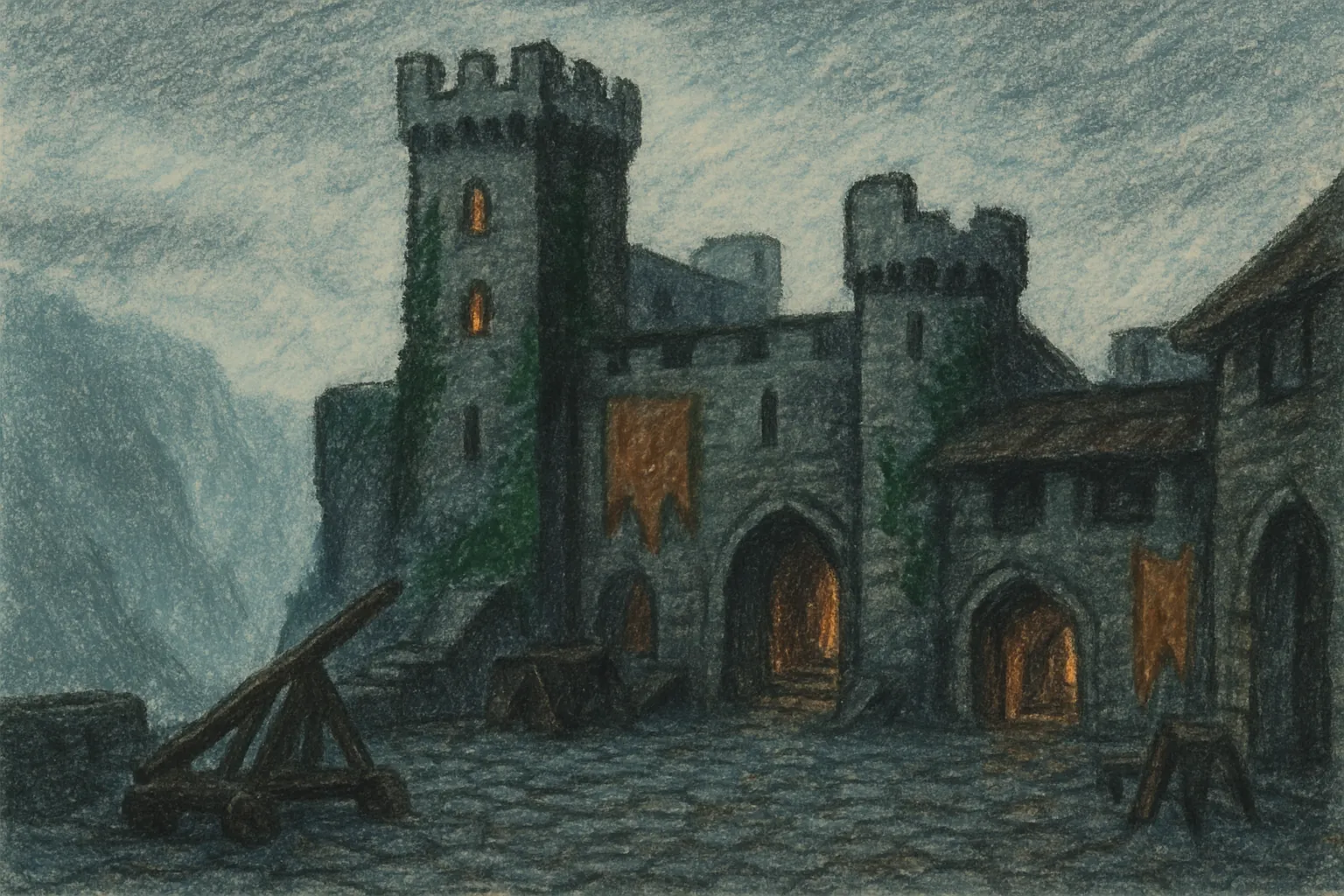 Background painting of Misty, ivy-covered castle on cliff with shadowy corridors and damp courtyard.