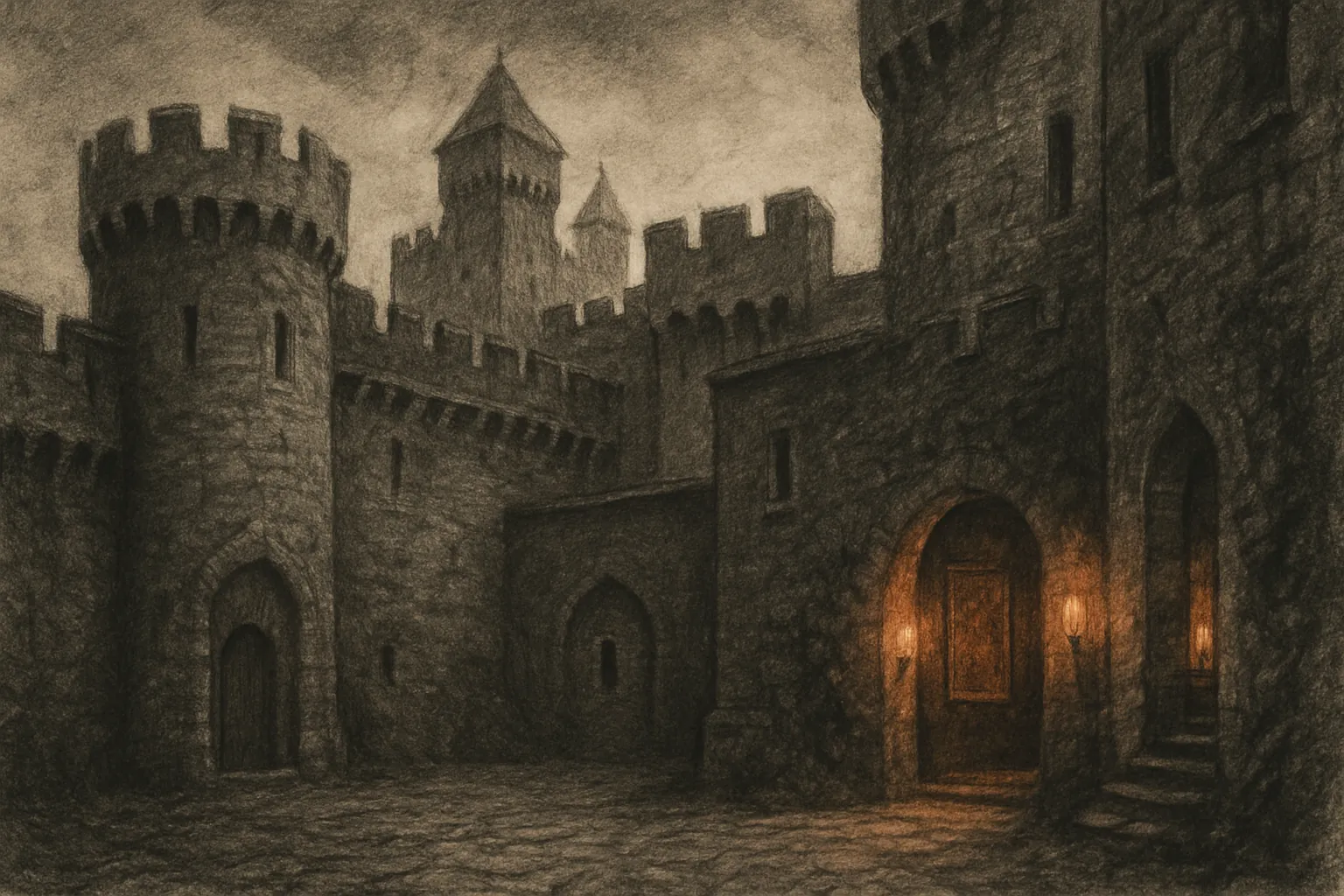 Background painting of Heist unfolds within a vast, shadowed medieval castle under torchlight.