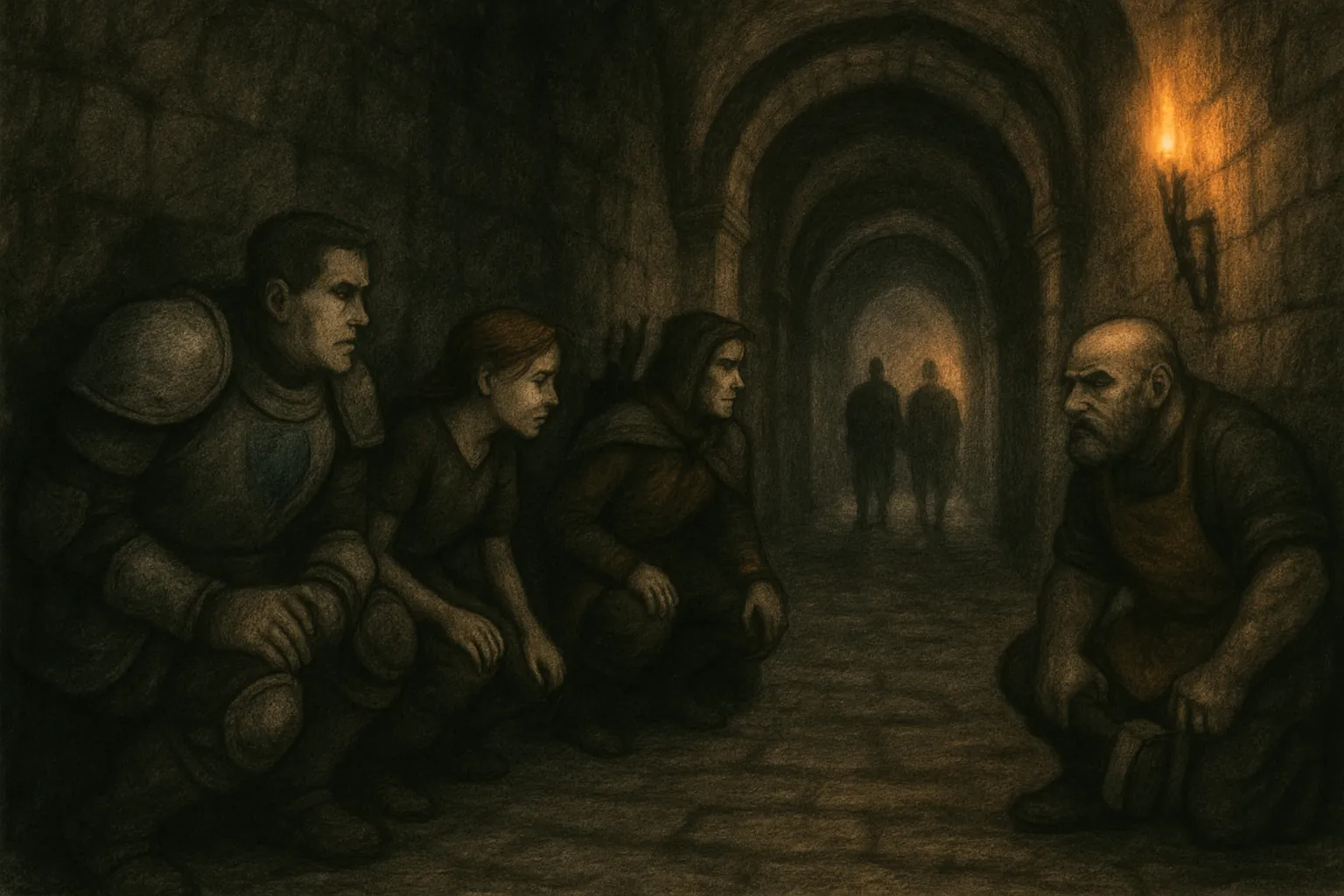 Guards hear the noise and start to search; the team hides in the shadowy archways.
