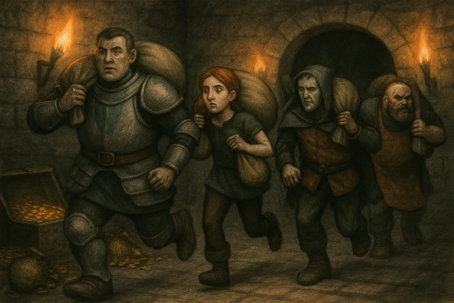 They take the treasure and escape just as the guards catch on, with help from Bran's strong arms.