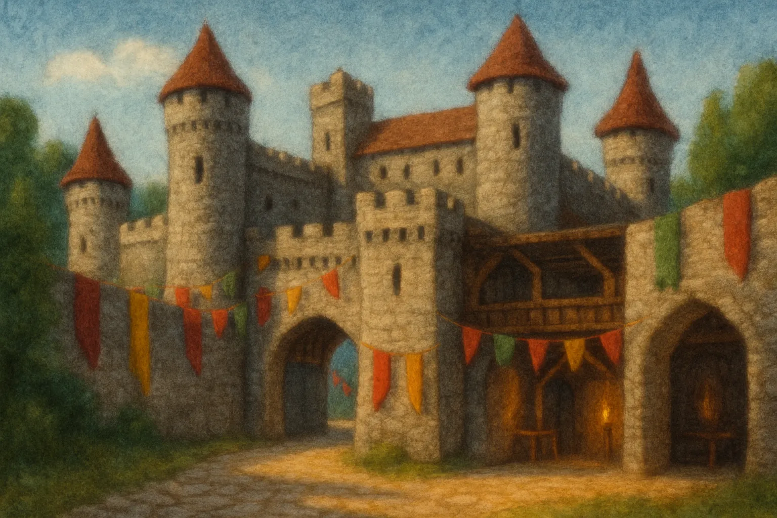 Background painting of A lively medieval castle bustling with knights and adventure.