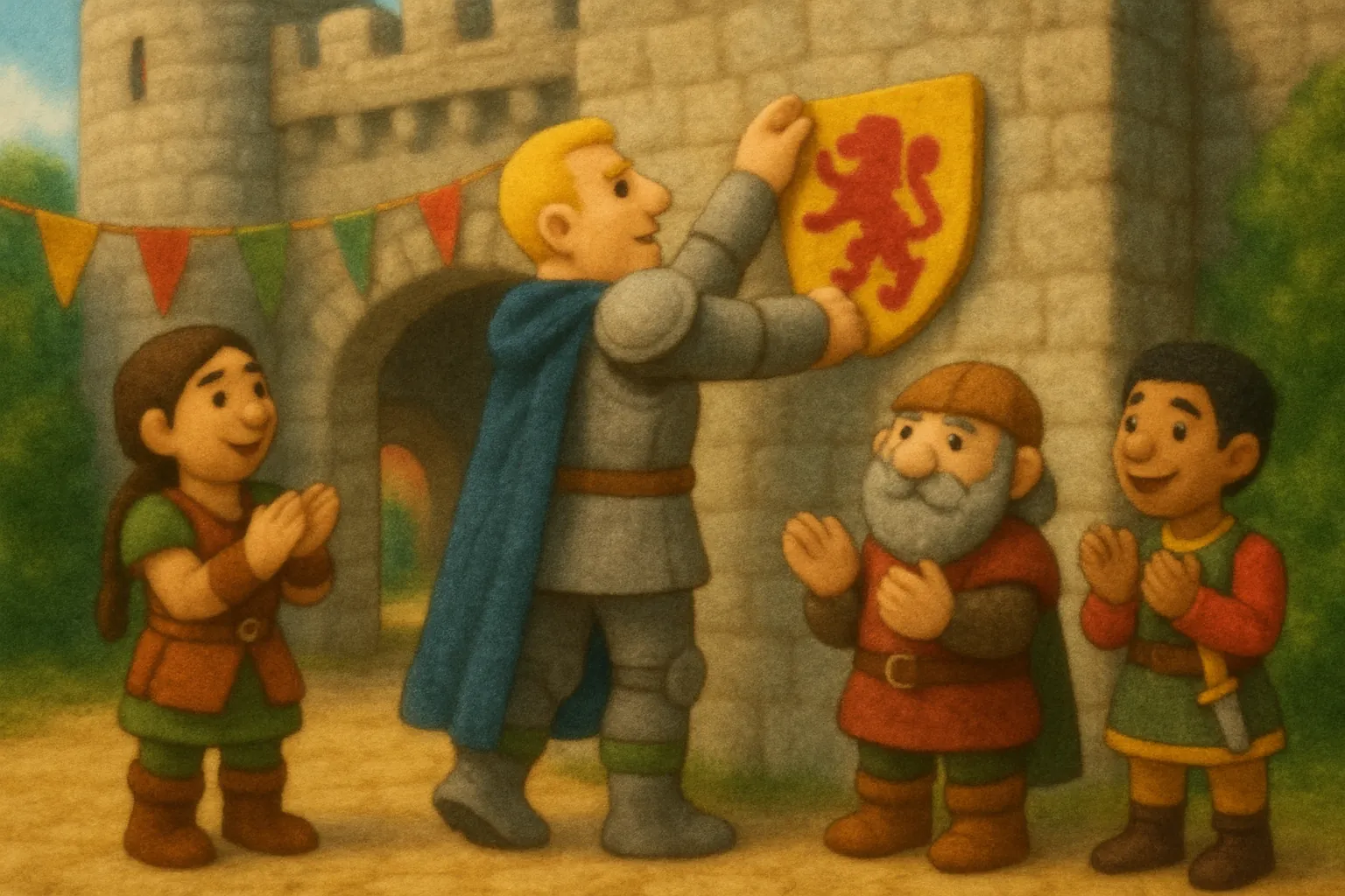 Das Wappen wird zurück in die große Halle gehängt und alle feiern die Sicherheit des Schlosses.