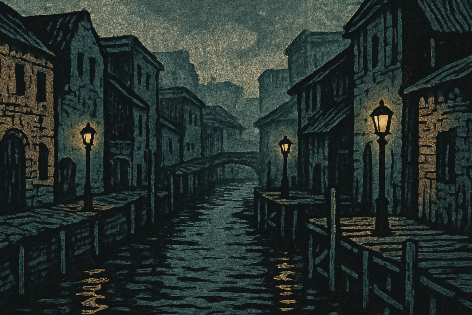 Background painting of A misty city of canals harbouring a secret pirate crew's hidden world.