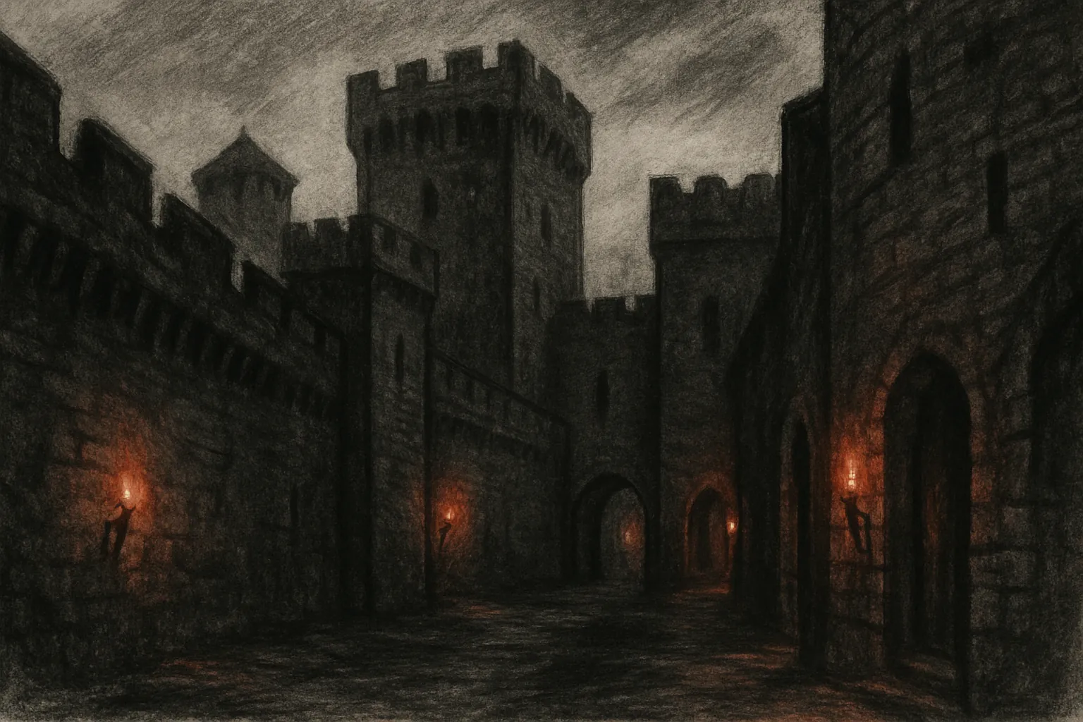 Background painting of An ancient castle guarded by four vigilant knights shrouded in mystery.