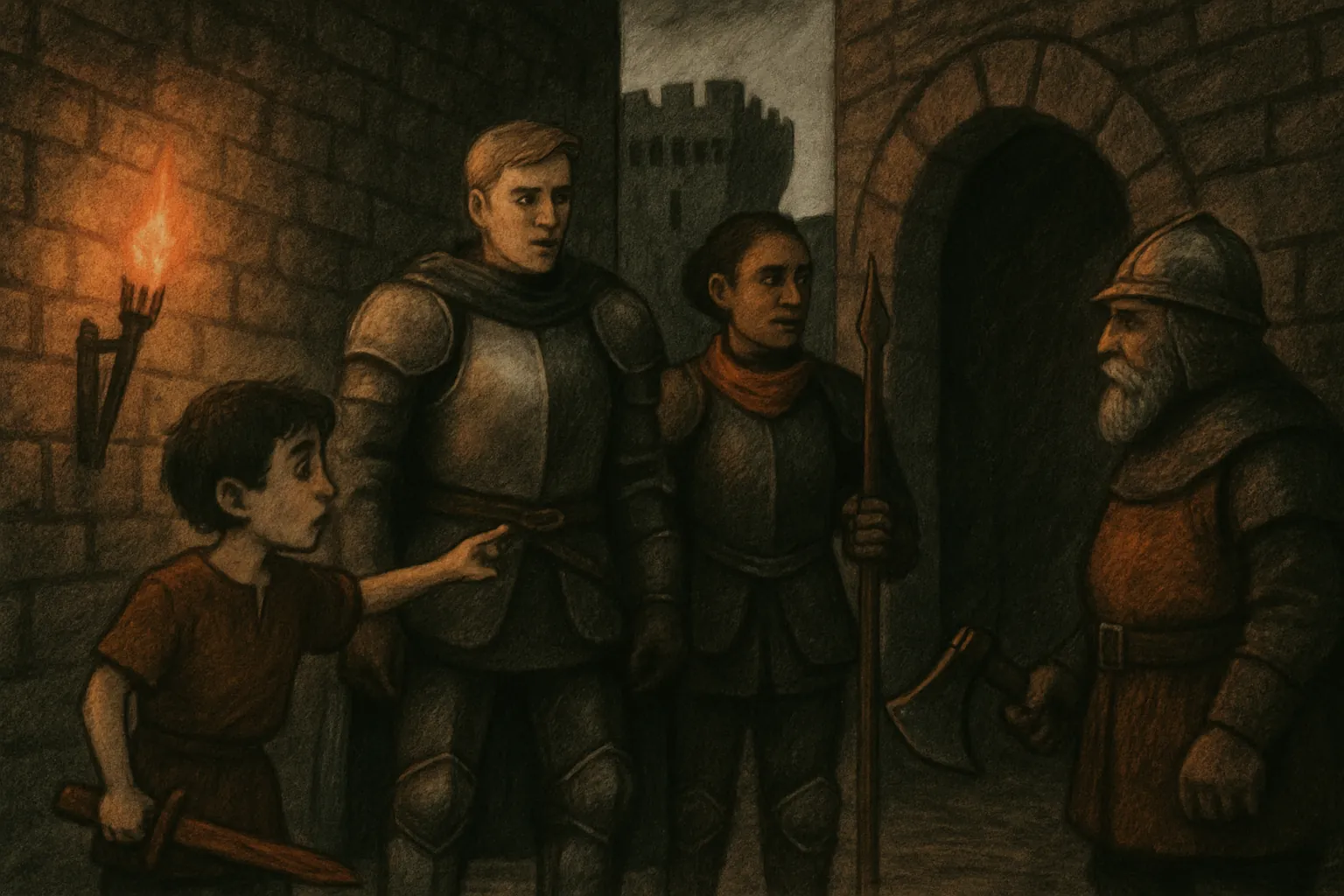 Brynn finds a hidden door in the castle walls that was never there before and calls the others to see it.