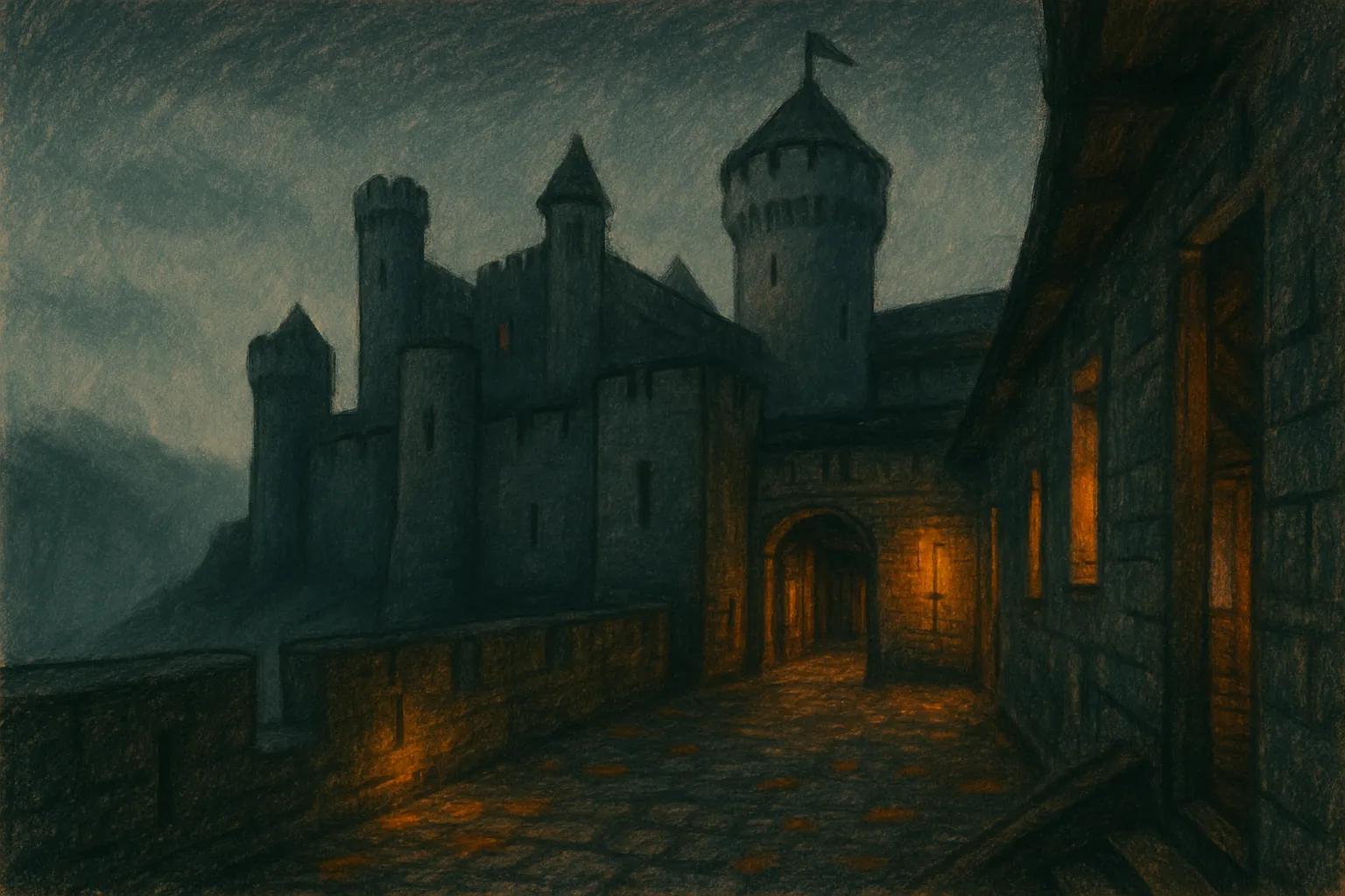 Background painting of A misty medieval castle setting for four knights' mystery.