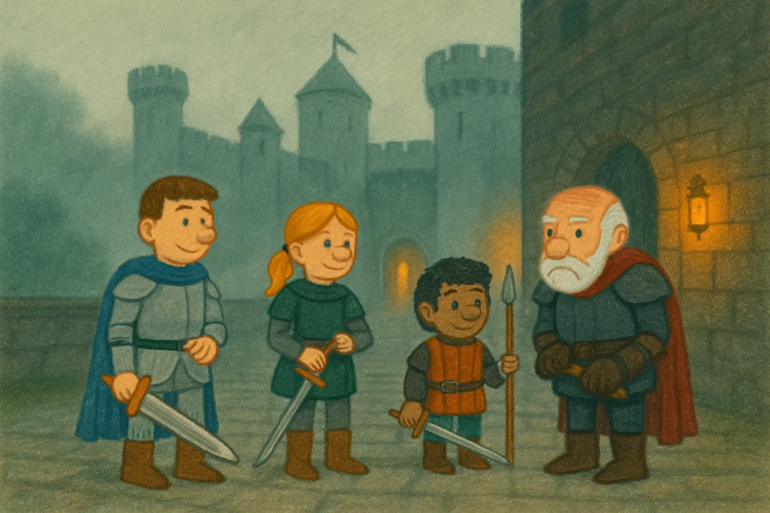 The knights prepare for a big ceremony in the misty castle.