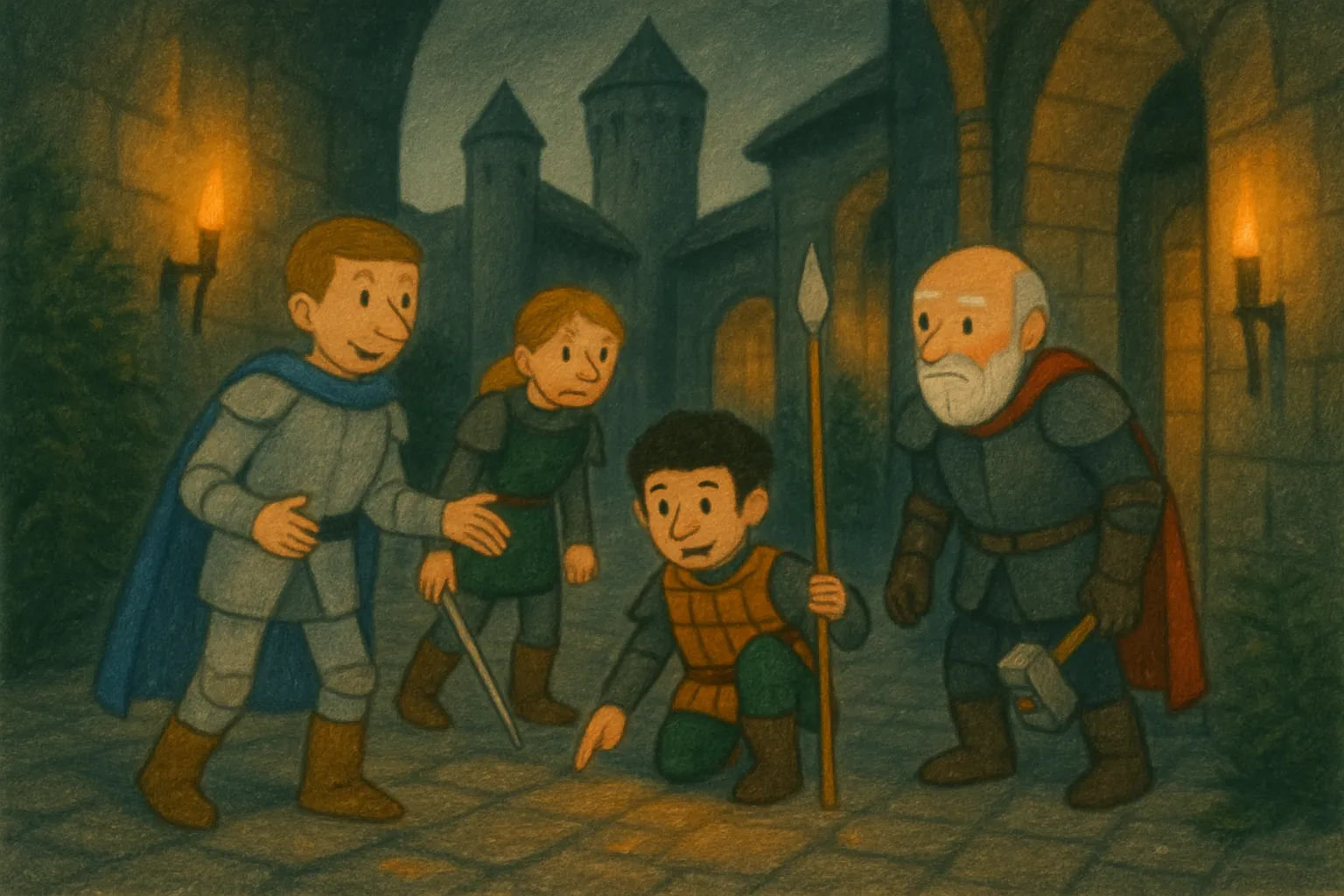 The knights search the castle but cannot find the shield.