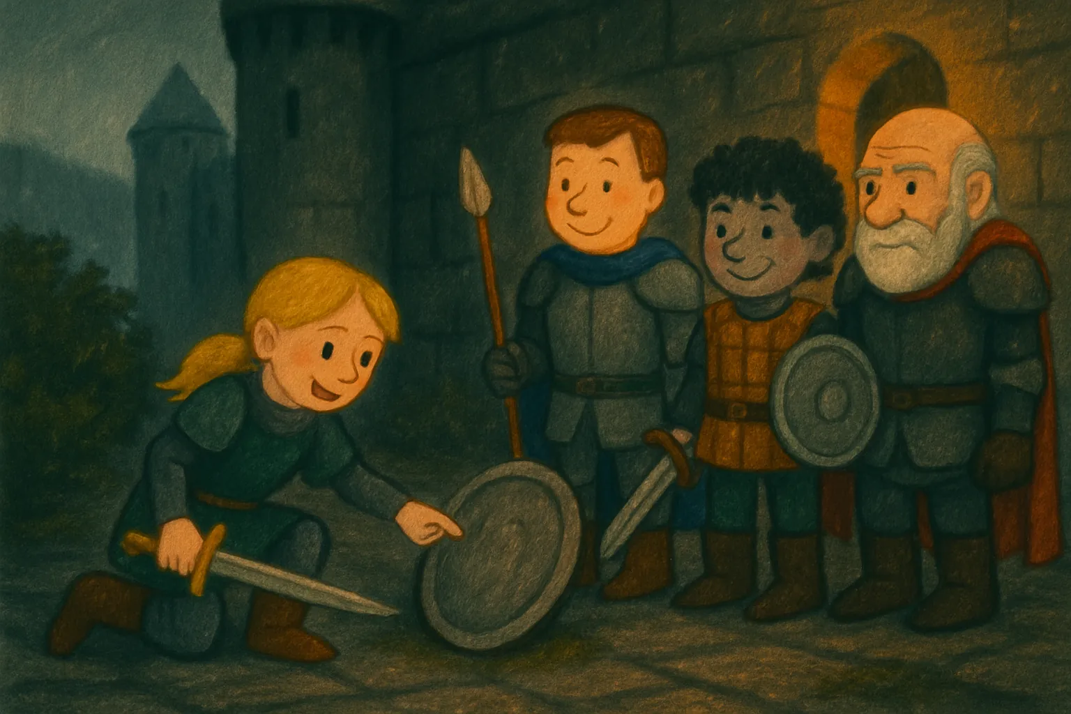 Ella finds the shield under a loose stone near the tower.