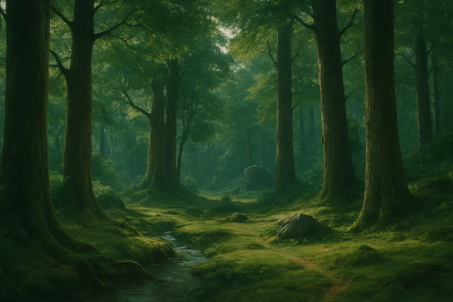 Background painting of A lush, ancient forest where four robots explore and protect nature.