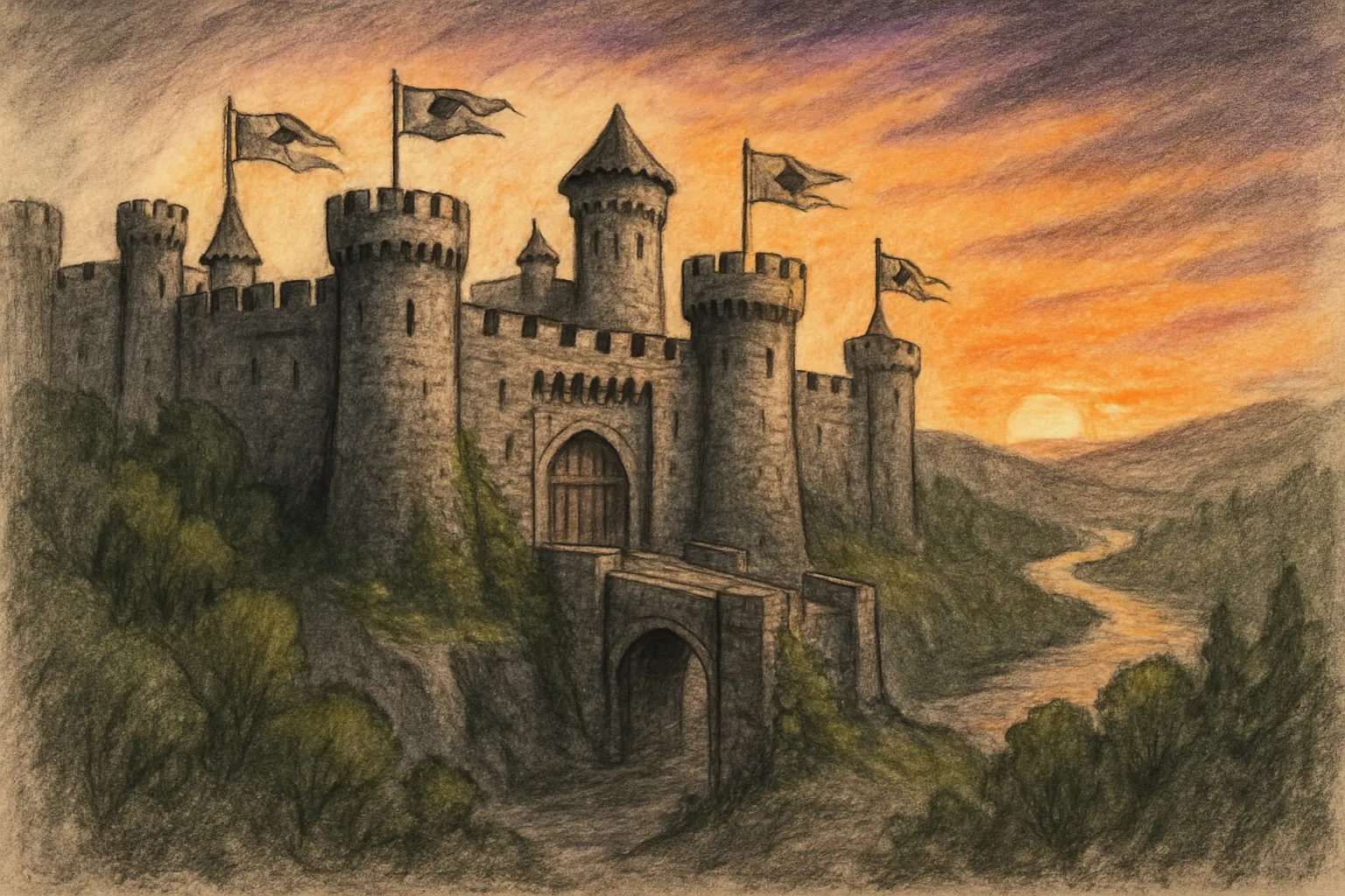 Background painting of A dinosaur royal household defends their clifftop stone castle.
