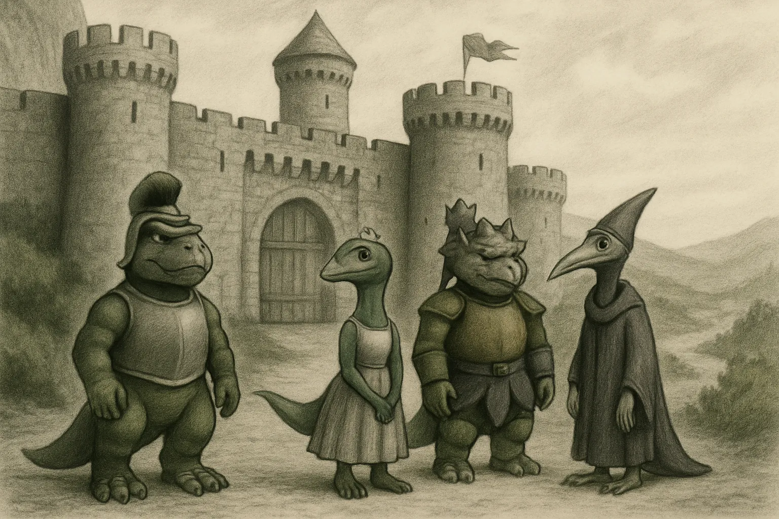 The dinosaur royal household lives in a stone castle on a cliff.