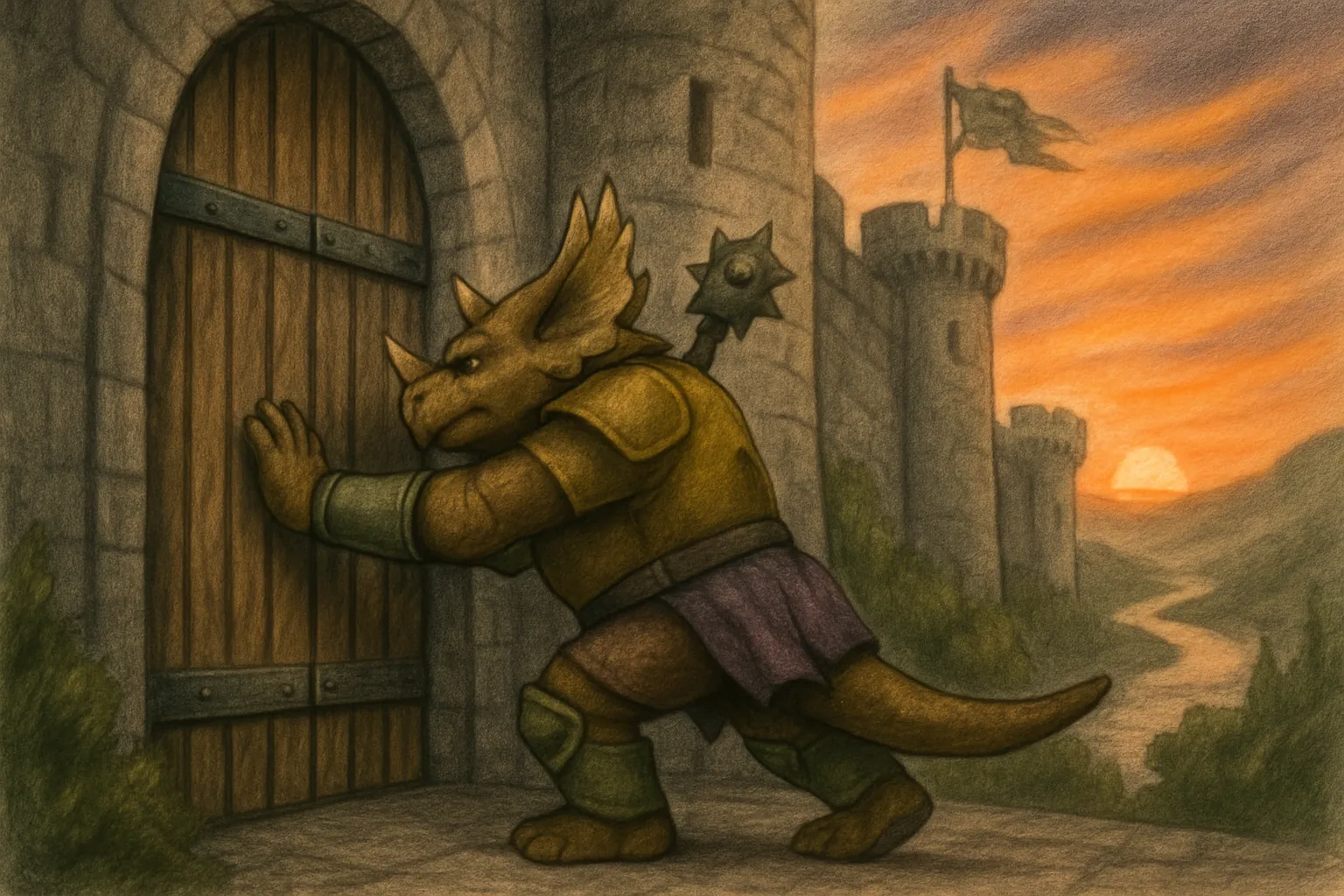 Bruno tries to close the castle doors, but the wind breaks them.