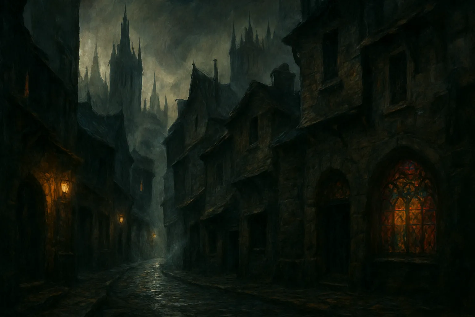 Background painting of A fog-shrouded gothic city where three wizards pursue hidden truths.
