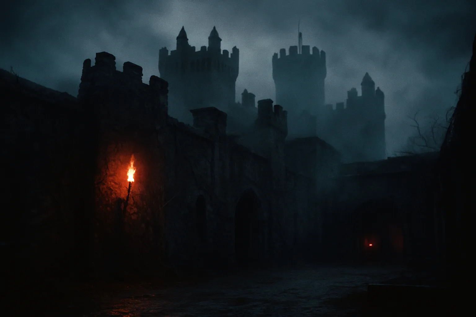 Background painting of A haunted, mist-enveloped medieval castle brimming with ominous dread.