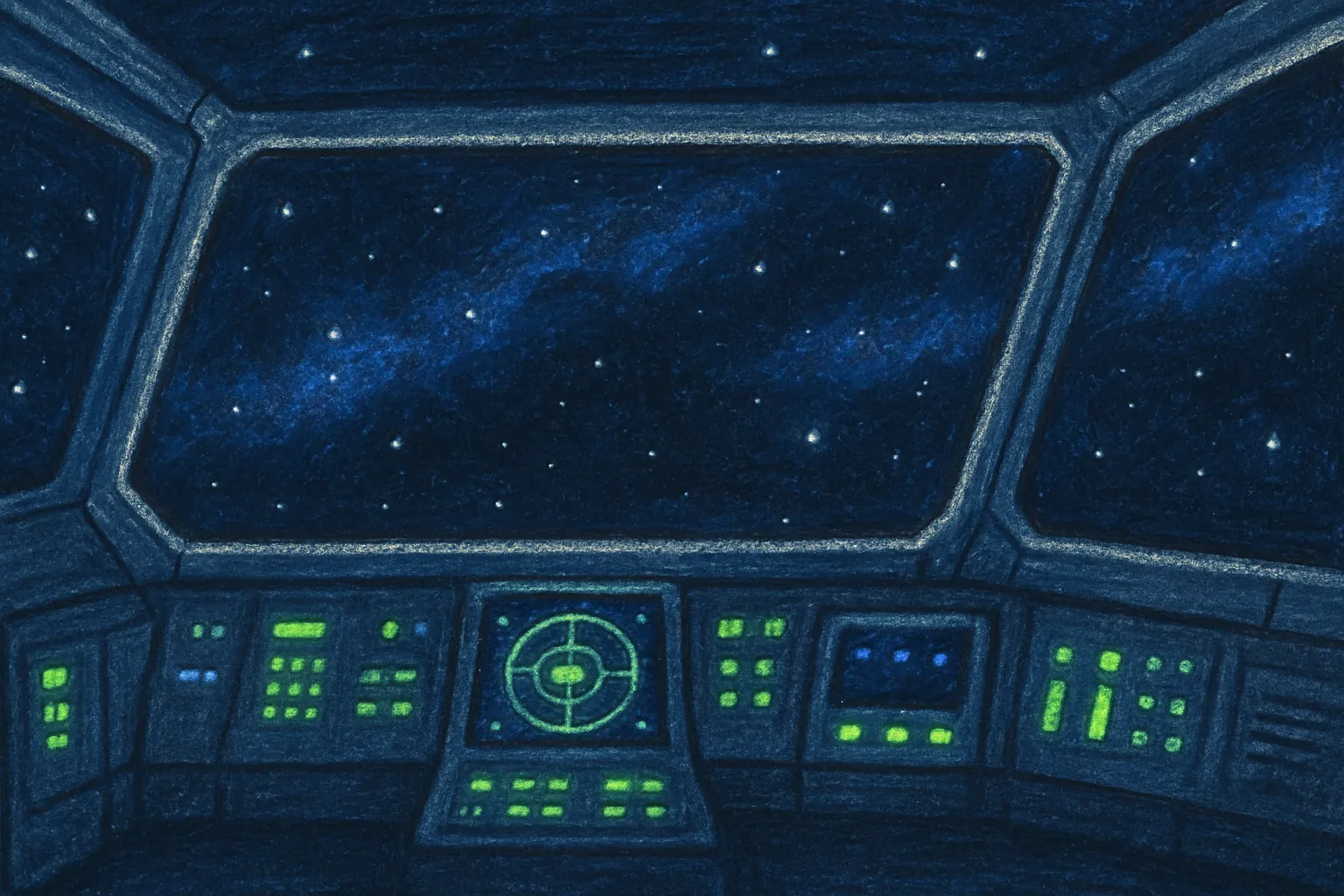 Background painting of Four robots collaborate aboard a spaceship exploring the cosmos.