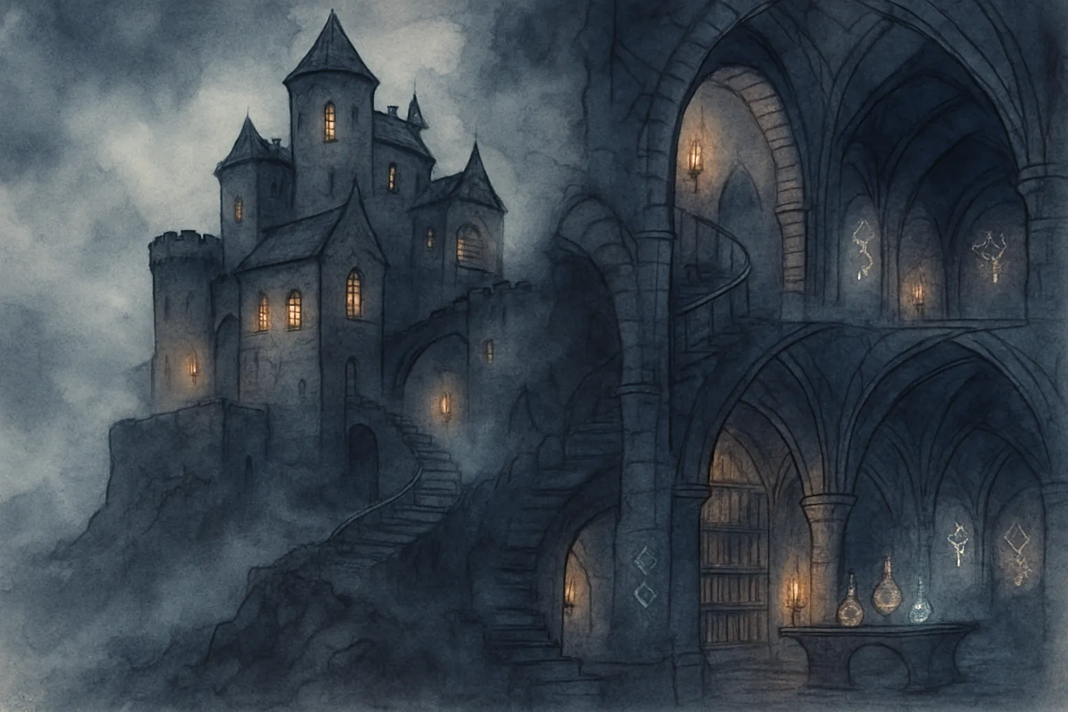 Background painting of Mysterious ancient castle shrouded in mist and guarded by wizards.