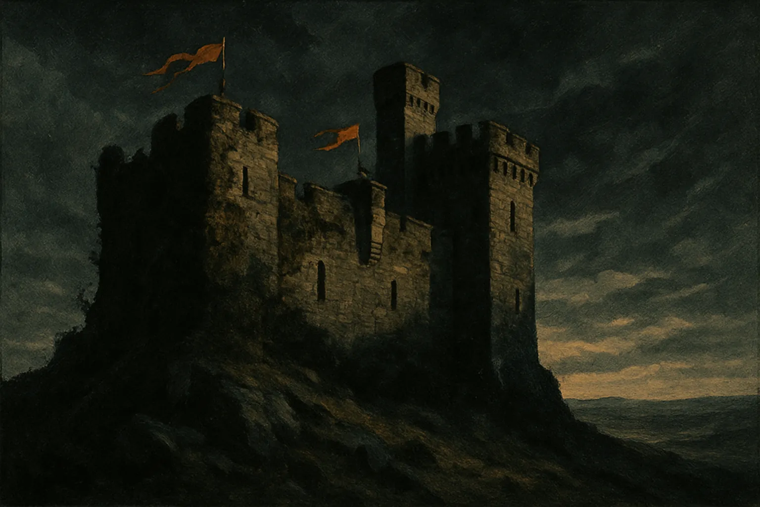 Background painting of A rugged hilltop castle under stormy skies, home to four protectors.