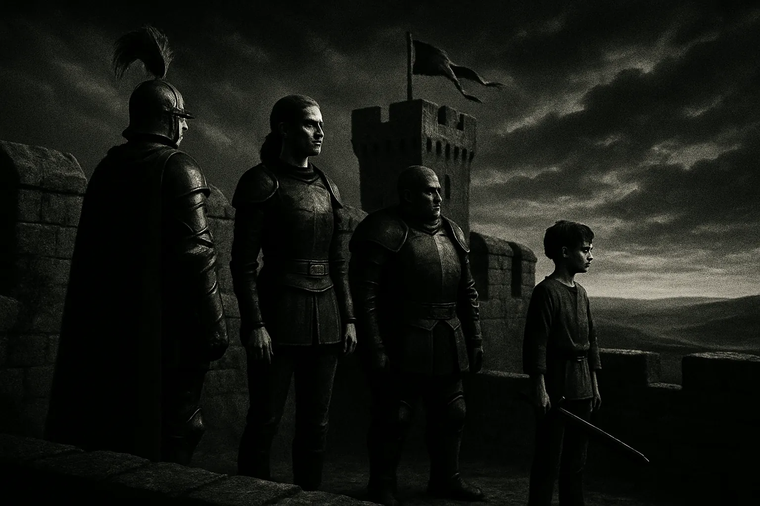Post magnam tempestatem et pugnam, omnes victores stant sub caeruleo caelo, castra salva et fortissima.