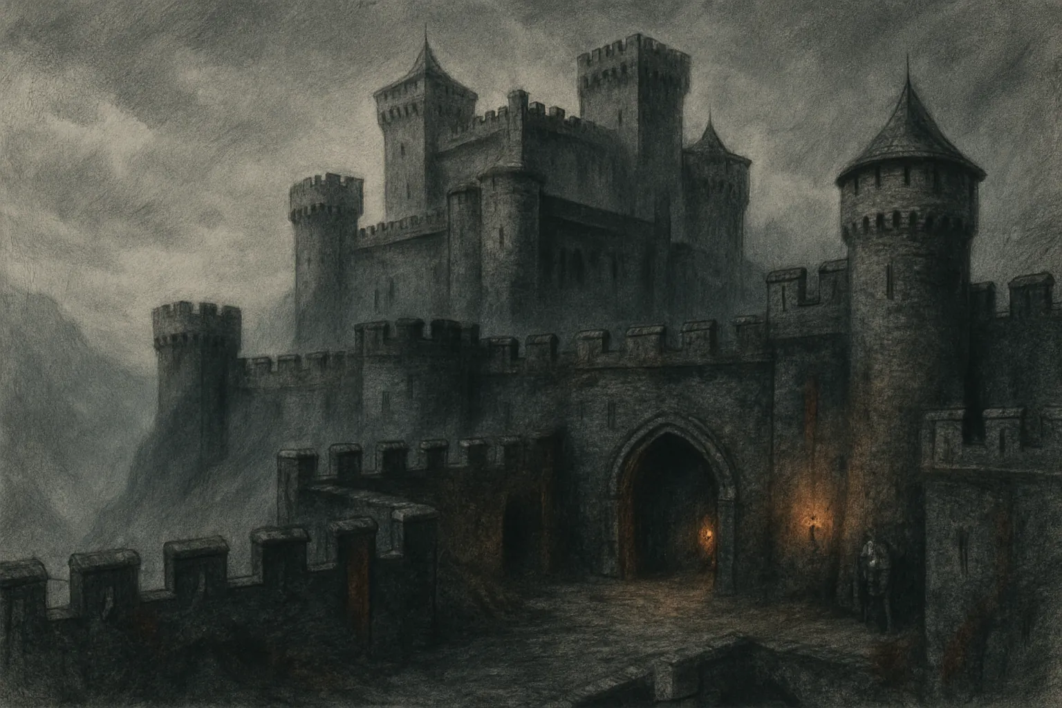 Background painting of A bleak, weathered castle where four knights guard a troubled realm.