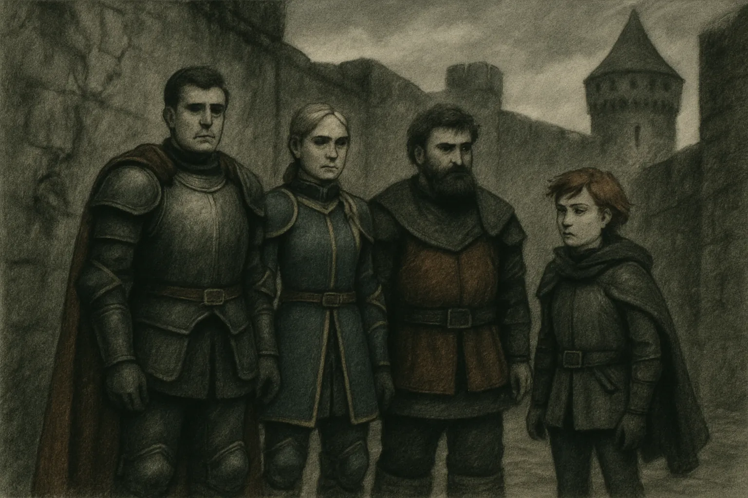 The four knights notice that the castle walls have deep cracks and worry about its safety.