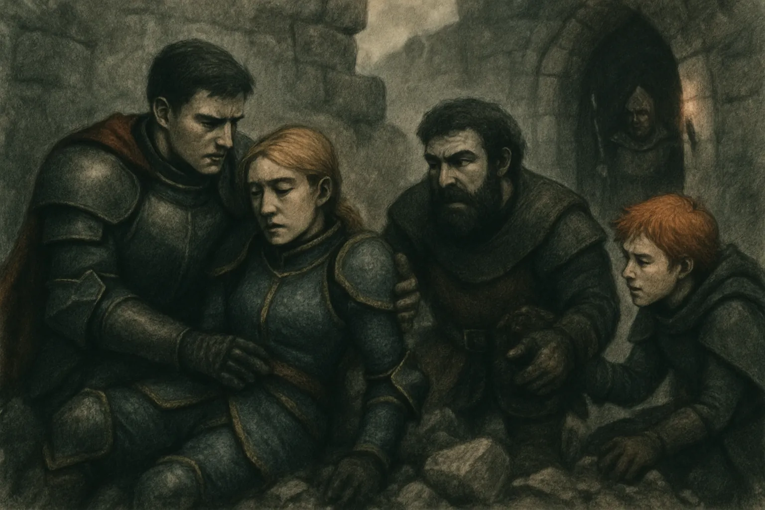 The main wall suddenly collapses, and the knights rush to help each other, but the damage is great.