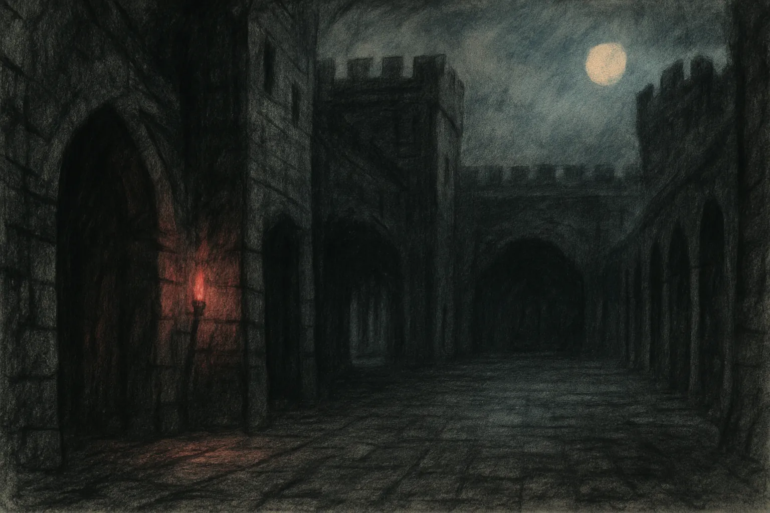 Background painting of A haunted medieval castle shrouded in shadows and decay.