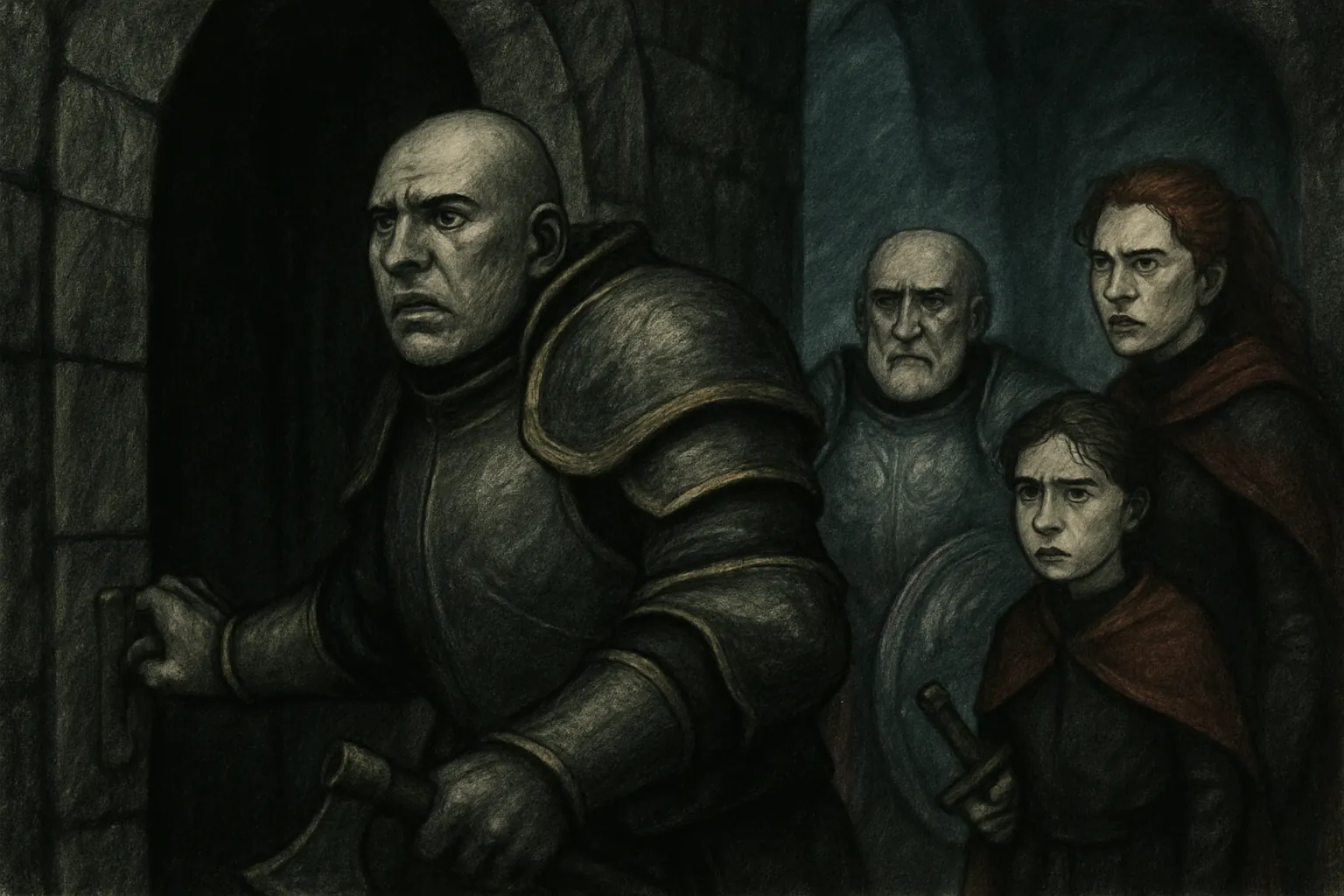 Bran follows a faint light to a secret room, but the light disappears and the door slams shut behind them.