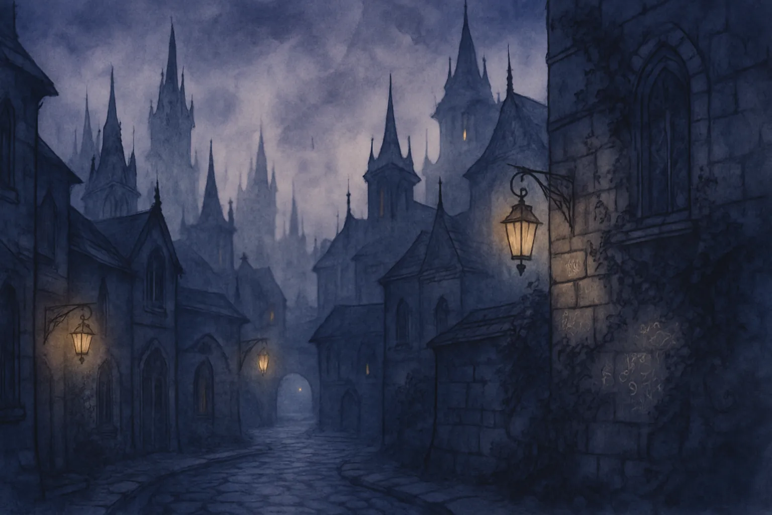 Background painting of A misty gothic city where three allied wizards guard its secrets.
