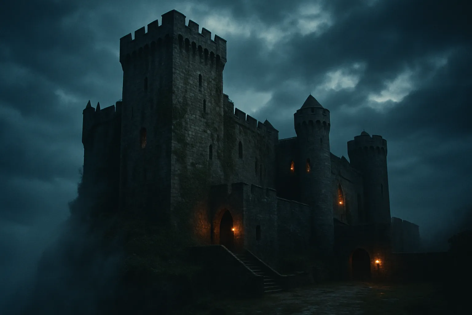 Background painting of Fog-shrouded castle overlooking the sea, home to four diverse knights.