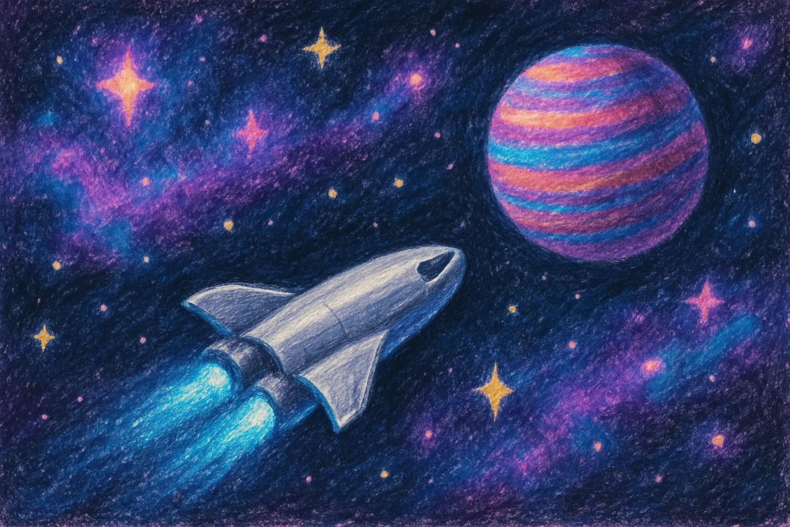 Background painting of Four robots explore colourful cosmos as a close-knit team.