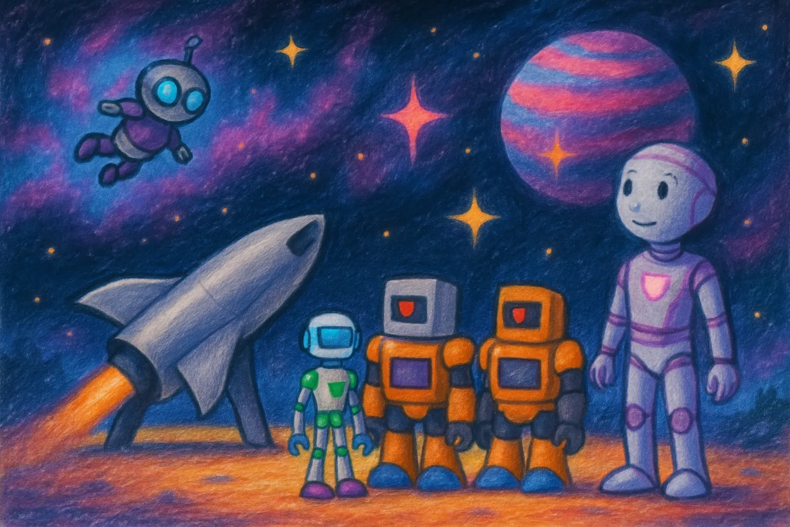 The robots explore space together as friends.