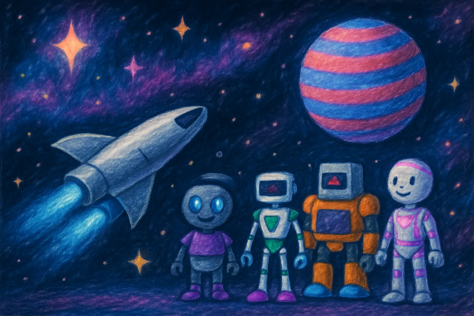 The robots celebrate as the ship moves again and they continue exploring.