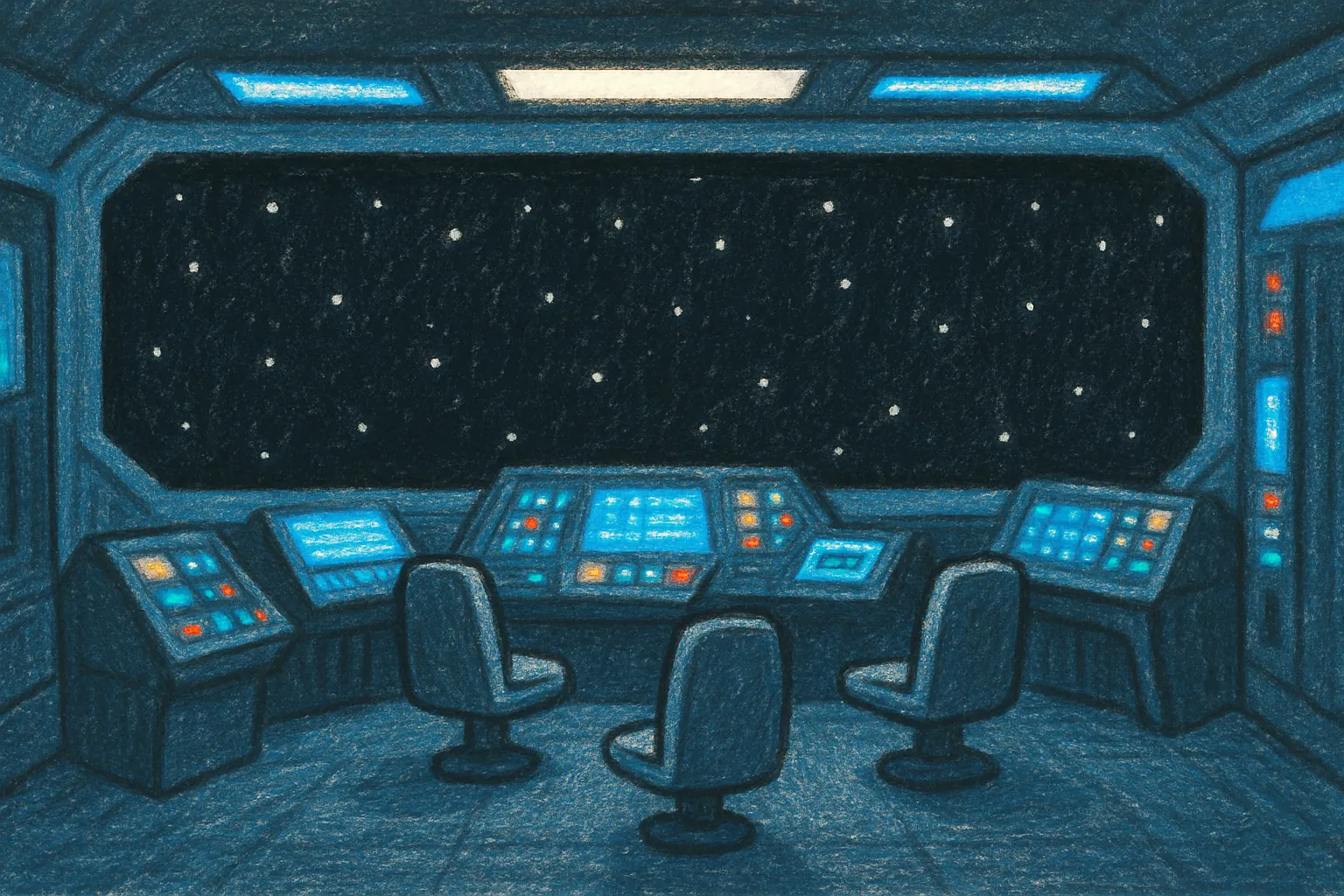 Background painting of Four robots bond aboard a deep space exploration vessel's bridge.