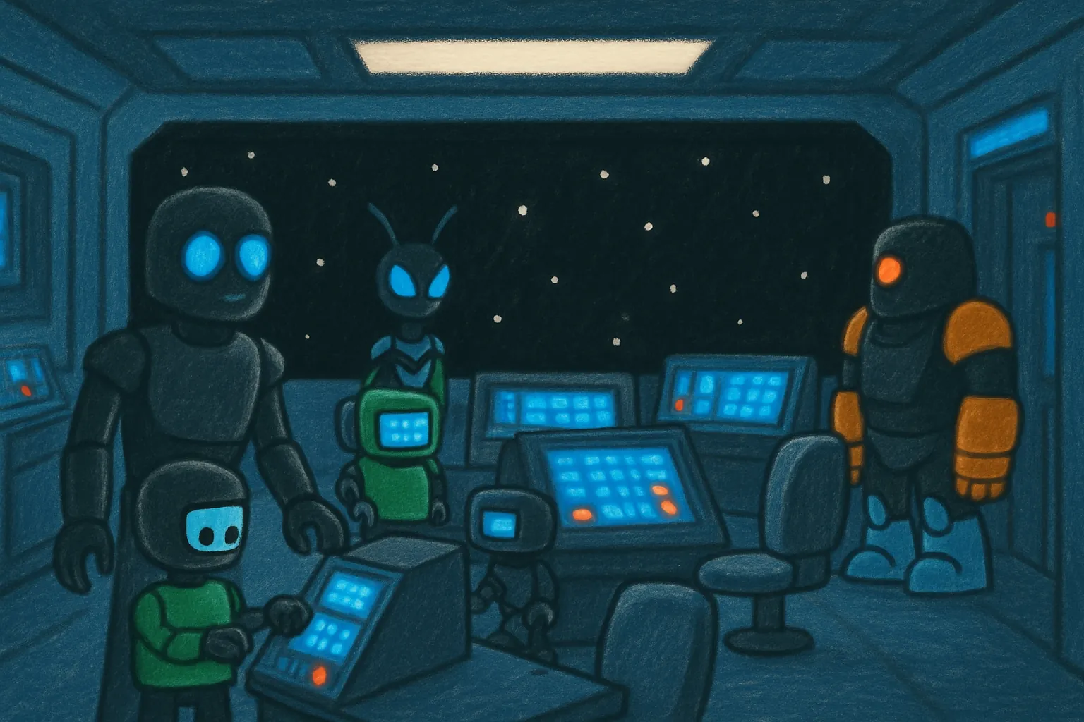 The four robots meet and start talking on the ship's bridge.