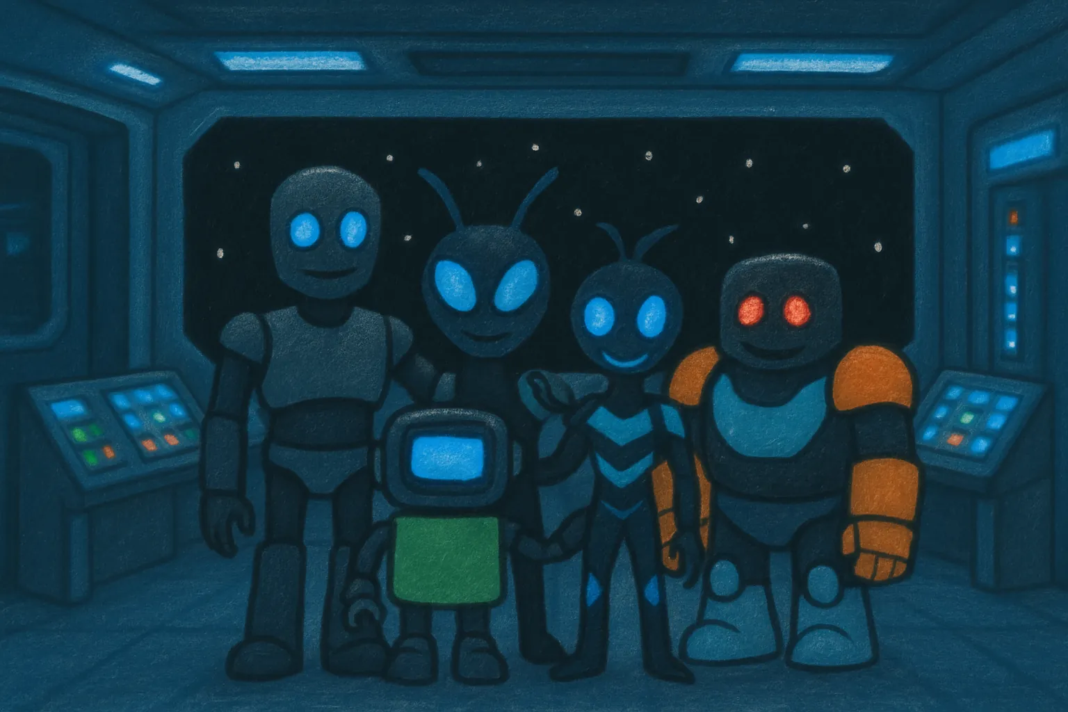The problem is fixed, and the four robots feel close and happy.