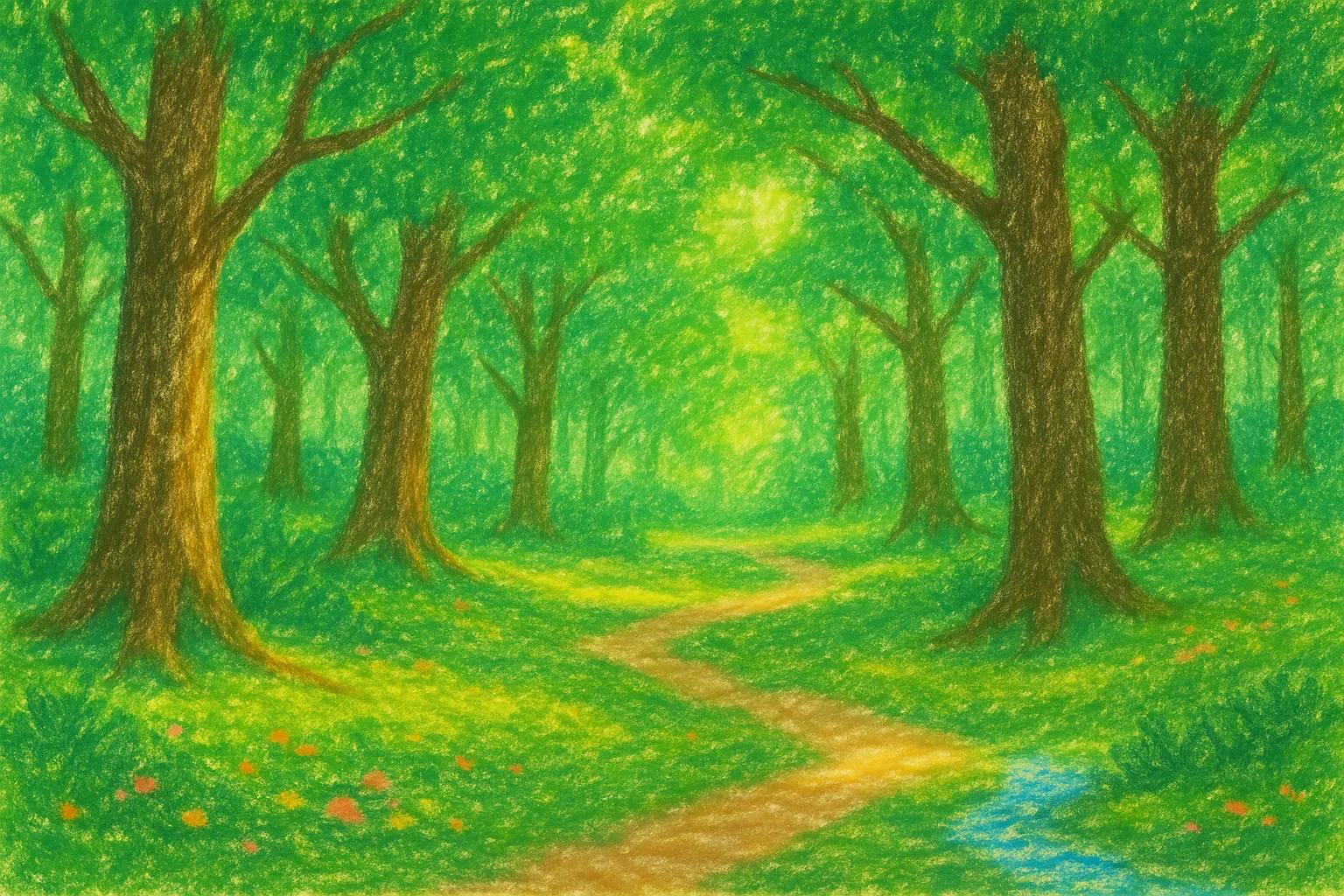 Background painting of A sunlit forest home where four animal friends embark on adventures.