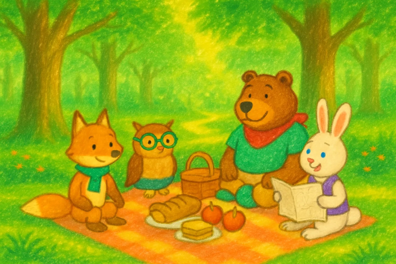 The friends celebrate with a picnic in the forest clearing.