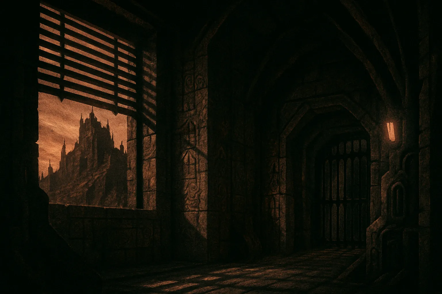 Background painting of Astronauts explore a grim alien castle on a desolate planet.