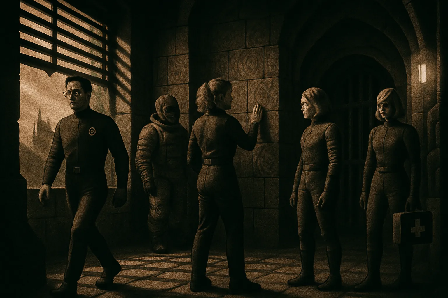 The team enters the dark castle and finds strange marks on the wall.