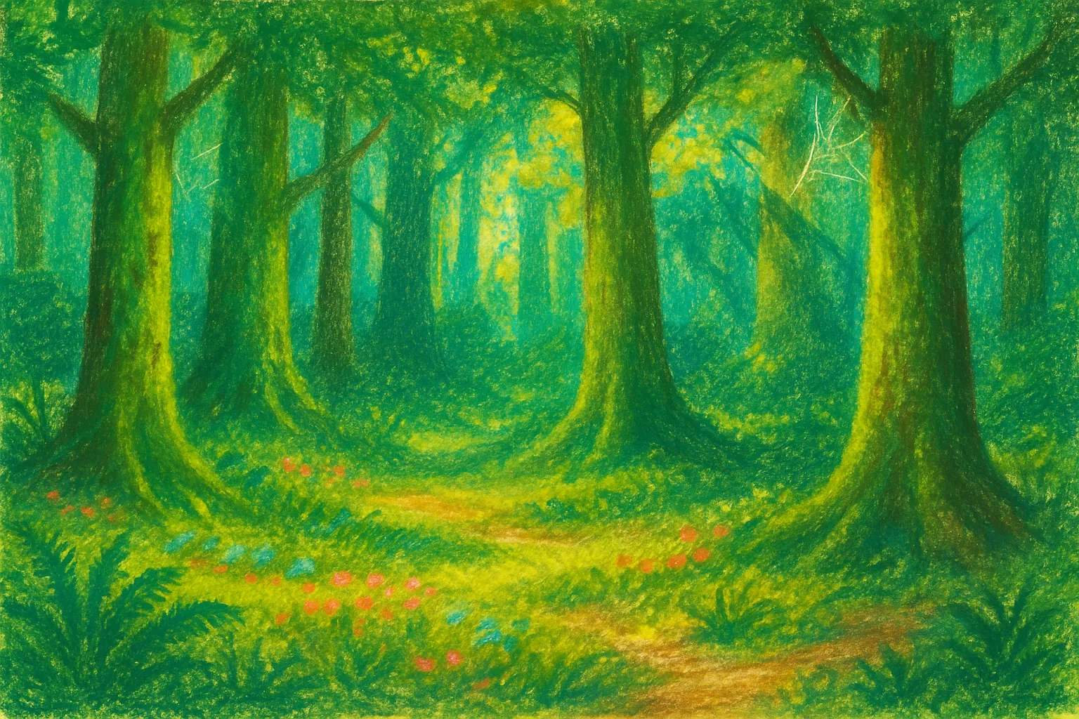 Background painting of A lush, sunlit forest filled with mystery and adventure for four animal friends.