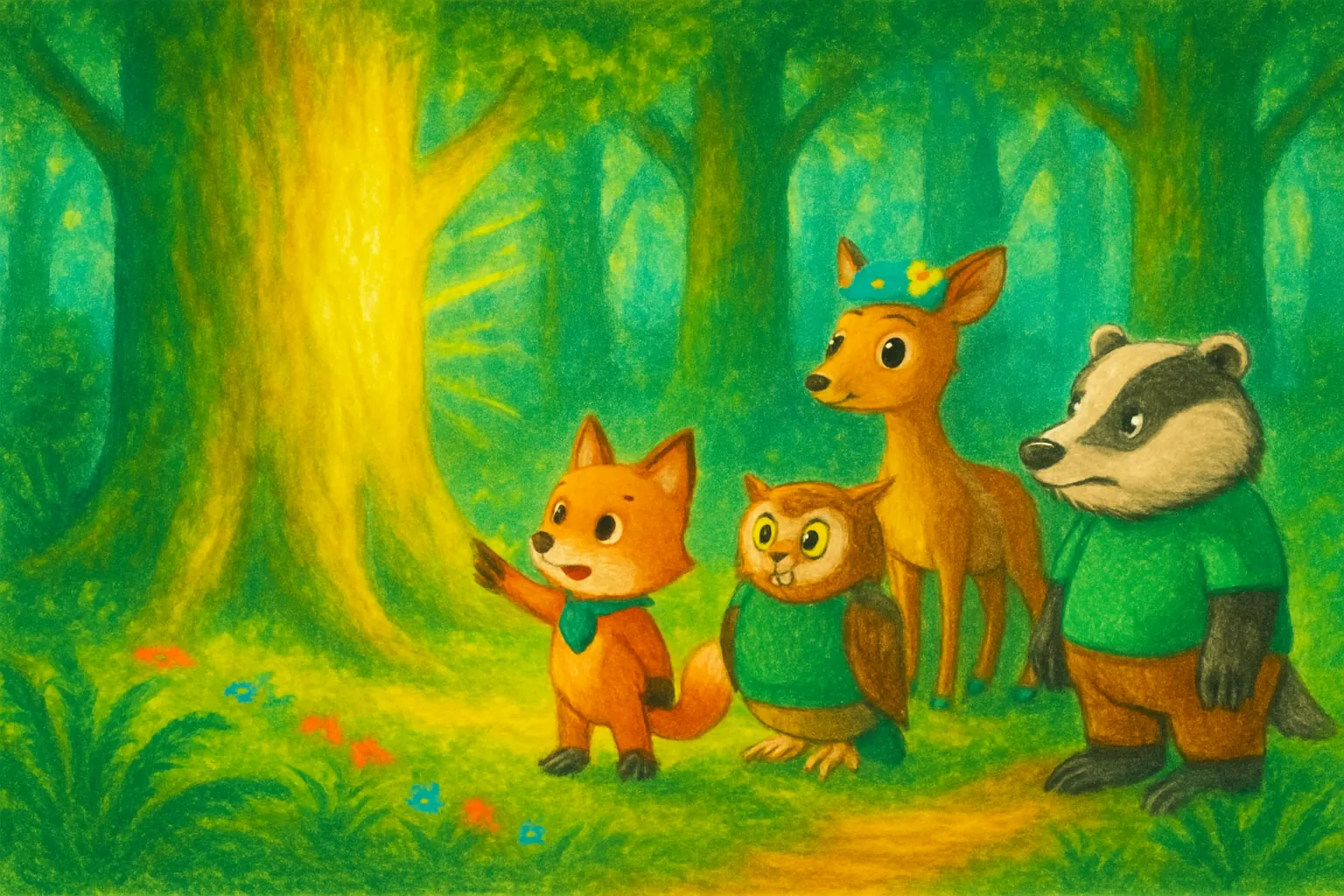 Lina und ihre Freunde entdecken einen leuchtenden Baum im Wald.
